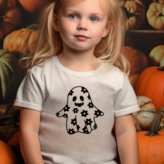 Cute Ghost With Flowers -  SINGLE COLOR - Screen Print Transfer - YOUTH
