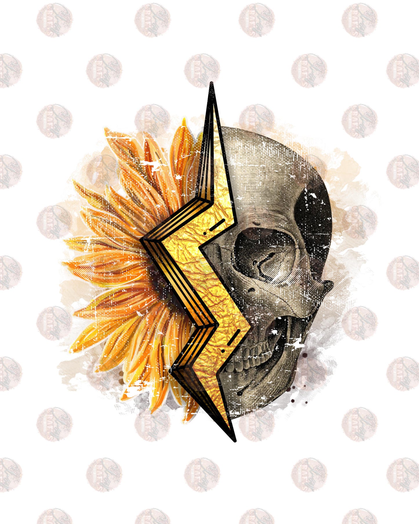 Skull Flower & Bolt Distressed Yellow - Sublimation Transfer